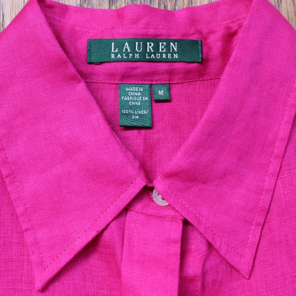 Lauren Ralph Lauren Fuchsia Color Button Up 3/4 Sleeve 100% Linen Blouse - Picture 3 of 7